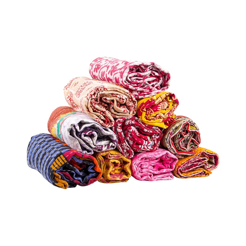 Mycrafts مجموعة 5 قطع من لحاف كانثا الهندي بالجملة من ماي كرافتس - لحاف كانثا قبلي عتيق مصنوع يدويًا - بطانية باتش كانثا - رمي كانثا - هيبي بوهيمي من ساريس قديمة مصنوعة من كانثا - لحاف توأم - Image 4